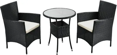 Produktbild von Juskys Polyrattan Balkon Set Bayamo 2 Personen – Tisch mit Glasplatte & 2 Stühlen – Wetterfeste Balkonmöbel – Auflagen waschbar – schwarz – creme