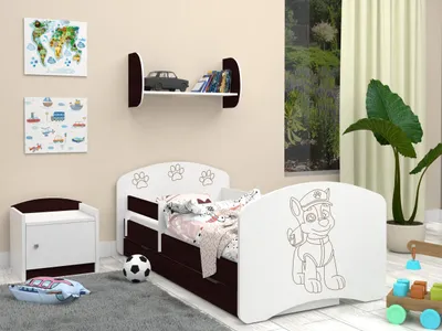 Image de Happy Babies Lit de chambre 140x70 cm avec matelas antichute et tiroirs Lit confortable pour enfants Wengé 
Chien gravé