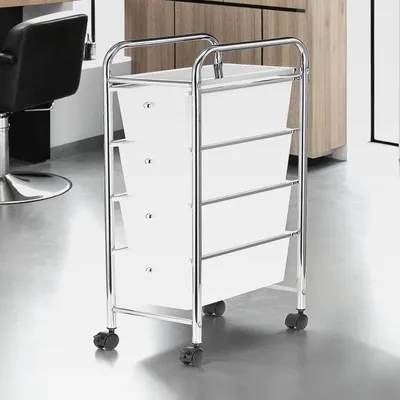 Produktbild von Badrollwagen GINA mit 4 Schubladen, Badezimmerwagen aus robustem Metallgestell, Aufbewahrungsewagen mit Ablageboden aus Metall