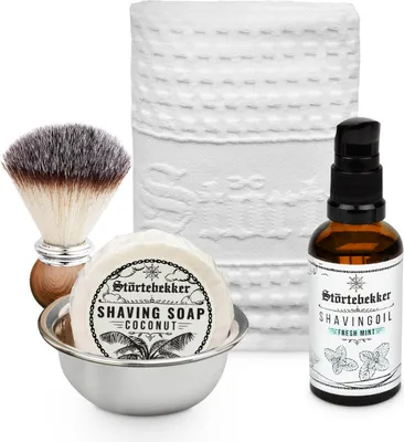 Produktbild von Störtebekker Rasurpflege Set - Mit Rasierpinsel, Rasierschale, Rasiertuch, Rasieröl, Rasierseife (Kokos) - Rasierset / Bartpflege - Geschenkidee