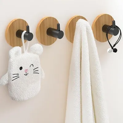 Produktbild von Wandhaken 4 Stücke, Holz und Bambus, mit schwarzem L-Haken, für Küche