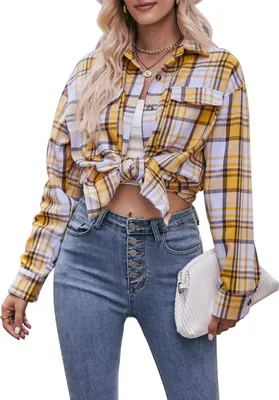 Produktbild von ASKSA Damen Karierte Bluse Casual Oversized Hemdbluse Langarmshirt Elegant Hemd Oberteile, Gelb, 2XL