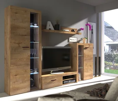 Produktbild von Wohnwand Wohnzimmer-Set Medienwand RUMBA eiche lefkas - Vitrine / Standschrank / TV Lowboard / Wandregal