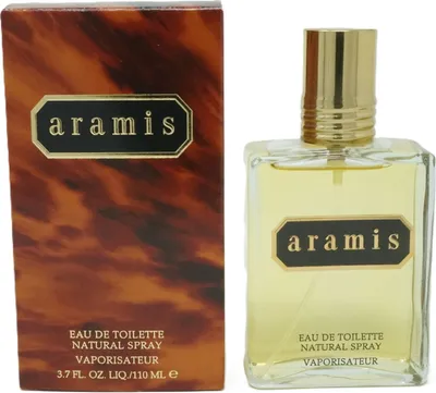 A bottle of Aramis Eau de Toilette and its packaging are displayed side-by-side against a white background.
