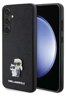 A black smartphone case with a Karl Lagerfeld and Choupette design is shown.