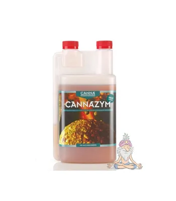 A bottle of CANNA Cannazym soil improver is shown against a white background, with a small cartoon illustration of a meditating guru to the right.