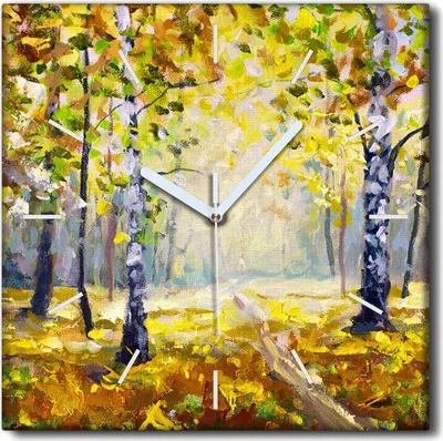 Produktbild von Coloray Uhr auf Leinwand 30x30 cm Wand Uhr Dekoration Wohnzimmer Segeltuch weiße Zeiger -Herbstlandschaftswald