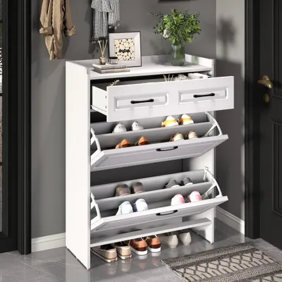 Image de Armoire à chaussures - Rangement à chaussures - Organisateur à chaussures - Meuble à chaussures - Banc à chaussures - Blanc, en MDF