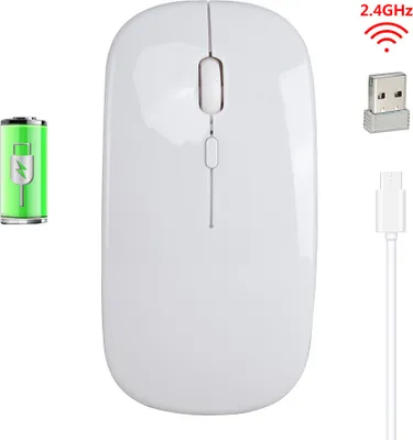 A white wireless mouse with a USB receiver and charging cable, along with a battery icon, presented on a white background.