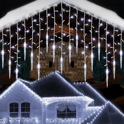 Produktbild von 2 Stück LED Lichterkette Eisregen Eiszapfen, Lichtervorhang Kaltweiß 8 Modi Memory Funktion, Weihnachtsbeleuchtung Deko Balkon Fenster