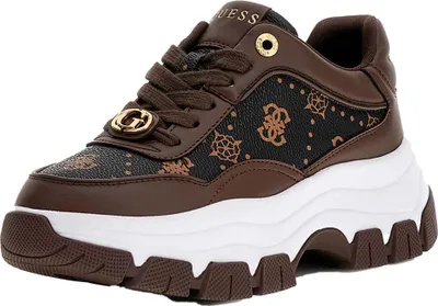 A single brown Guess sneaker with a white sole and brown laces.