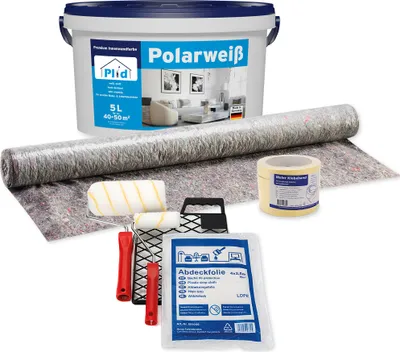 Produktbild von Plid Wandfarbe Weiß Matt 5L & Anstreichset, für ca. 35m² / Acrylfarbe Innenfarbe