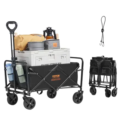 A VEVOR folding wagon loaded with camping gear, shown from a slightly diagonal front angle. A folded version of the wagon is shown to the right, along with a bungee cord.