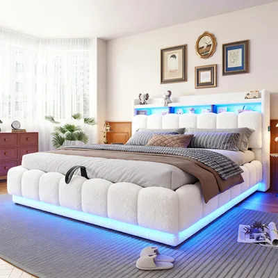 Obrázok produktu pre okwish, čalúnená posteľ 180x200 s úložným priestorom v čelnej časti, posteľ pre mládež s USB portom a LED osvetlením, dvojposteľ s úložným priestorom, biela, bez matraca