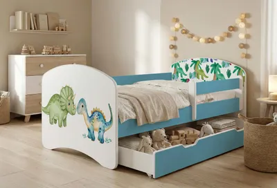 Produktbild von Happy Babies Kinderbett mit Rausfallschutz Junge 140x70 Bett für Kinderzimmer mit Schublade Matratze Einzelbett für Kinder, Blau, Bunte Aufkleber