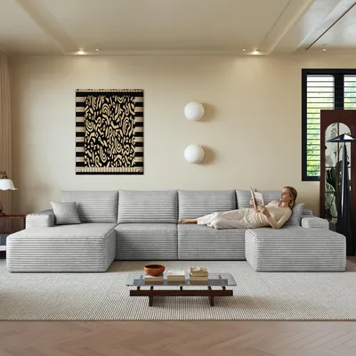 Immagine prodotto di Divano angolare modulare senza schienale, con chaise longue a forma di L, design moderno, seduta profonda. Non richiede montaggio