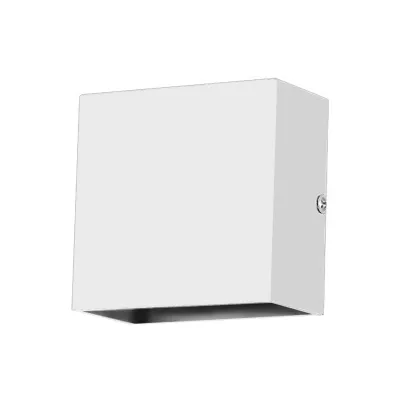 A white cube-shaped LED wall light is shown against a white background.