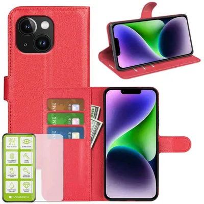 Productafbeelding van Telefoontas voor Apple iPhone 15 Plus, rood, van kunstleer, met hardglazen bescherming (H9)