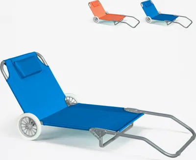 A blue beach lounger with wheels in the foreground, and two smaller beach loungers (orange and blue) in the background.