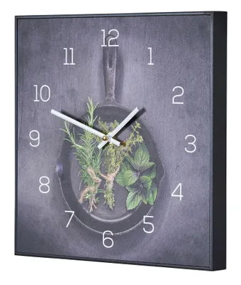 Produktbild von Wanduhr 30x30cm Uhr PVC Rahmen Schwarz Küche Kräuter Pfanne Wanddeko Küchenuhr