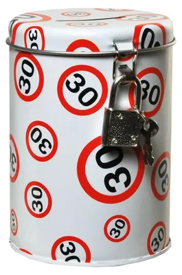 Produktbild von Runde Spardose aus Metall mit Schloss, 11 x 8,5 cm, zum 30. Geburtstag