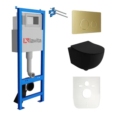 Produktbild von Lavita LAV 101 Vorwandelement für WC 40cm + Wand Hänge Tiefspül WC BRAVA Schwarz Spülrandlos + Bedienplatte LAV 200.4.5 Gold | Komplettset | Unterputz Spülkasten | Toilette Komplett Sett