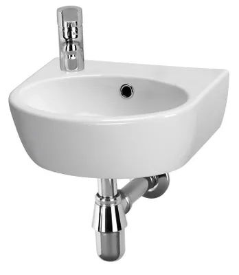 A white corner sink with a chrome faucet and drain assembly against a white background.