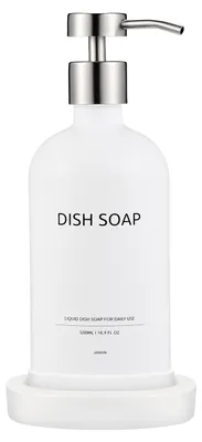 Immagine prodotto di Set di dispenser per sapone in vetro con vassoio, capacità 500 ml, colore bianco, per cucina e bagno