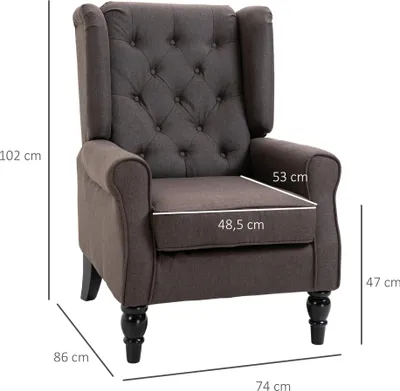 Produktbild von Sessel Ohrensessel mit Armlehnen, Loungesessel mit Kissen, Tufting, hoher Rückenlehne Armlehnensessel mit Holzbeine, Relaxsessel für Wohnzimmer, Schlafzimmer, Braun