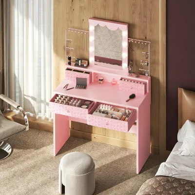 Produktbild von Schminktisch mit beleuchtetem Spiegel, mit 3 Lichtmodi für Schlafzimmer, Seitliche Schmuckaufbewahrung, 80 cm Rosa