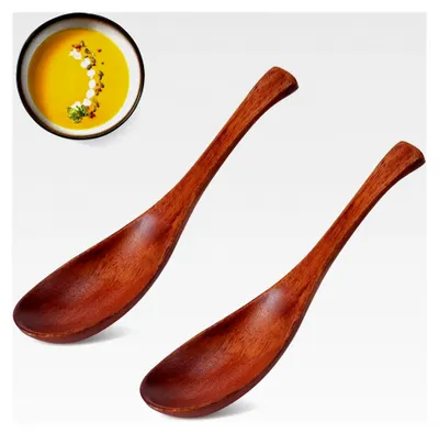 Produktbild von 2 Stück Holzlöffel, Esslöffel und Suppenlöffel aus Holz, Japanischer Ramen-Suppenlöffel mit kurzem Griff, 6,1 Zoll, Tafellöffel für Küche und Kochen