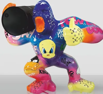 Produktbild von Casa Padrino XXL Deko Skulptur Gorilla mit Fass Bunt / Schwarz H. 190 cm - Große Garten Figur