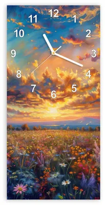 Produktbild von Wanduhr aus Glas mit Motiv Blumenwiese Sonnenuntergang- 30 x 60 cm - inkl. Aufhängesystem