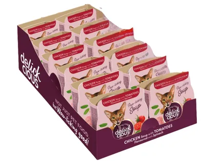 Produktbild von Delickcious Katzen-Suppe Huhn, Tomate & Spinat, 12x80 g