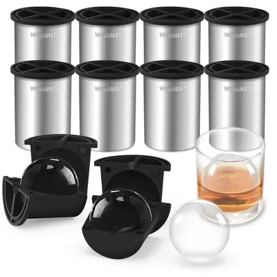 Immagine prodotto di Macchina per la preparazione di cubetti di ghiaccio trasparenti, diametro 6,4 cm, per creare sfere di ghiaccio, in acciaio inossidabile, set da 8, ideale per whisky e cocktail