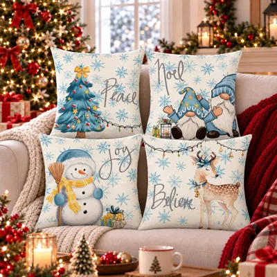 Image de Lot de 4 housses de coussin de Noël, 45 x 45 cm, couleurs variées, mélange de lin, pour décoration de canapé ou de chambre
