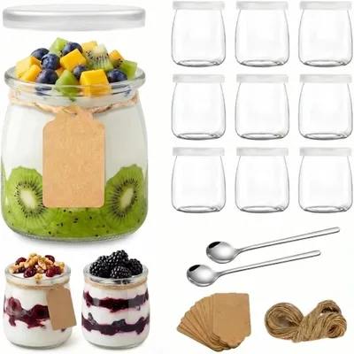 12 transparente Dessertgläser 200 ml mit Deckel & Löffel