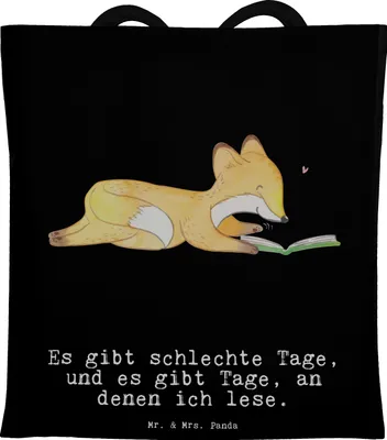 Produktbild von Mr. & Mrs. Panda Tote Bag Fuchs Lesen - Schwarz - Geschenk, Bücher, Jutebeutel, Baumwollbeutel, Laptoptasche, Tasche, Einkaufstasche, Bücherwurm