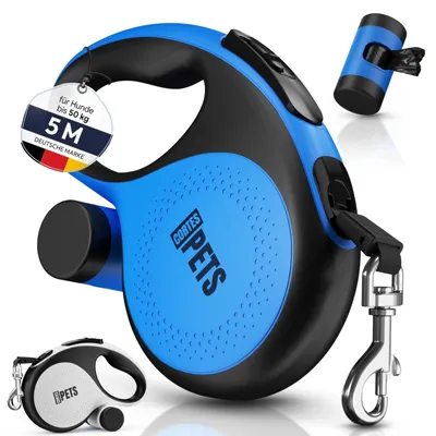 Imagen del producto de Correa extensible para perros - 5 metros - Hasta 50 kg - Con dispensador de bolsas para excrementos - Para paseos
