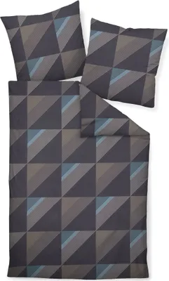 A top-down view of a bedding set, including two pillowcases and a duvet cover, laid out on a white background.
