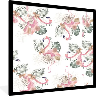 Produktbild von MuchoWow® MuchoWow® Gerahmtes Poster Flamingo - Blumen - Blätter - Muster 40x40 cm - Poster mit zchwarzem Bilderrahmen - Mit Rahmen - Wanddekoration Schlafzimmer