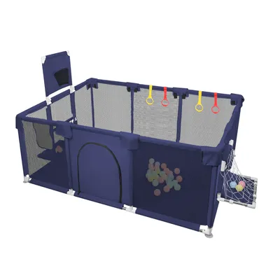 Image de Parc pour bébé 180*120cm Barrière de sécurité avec 50 ballons, panier de basket, maille respirante bleue
