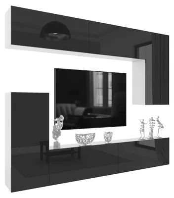 Produktbild von BELINI Wohnwand MILANO 8 Wohnzimmer 250 cm - Schwarz Hochglanz, Moderne Schrankwand Set, Anbauwand TV-Schrank Griffloses System