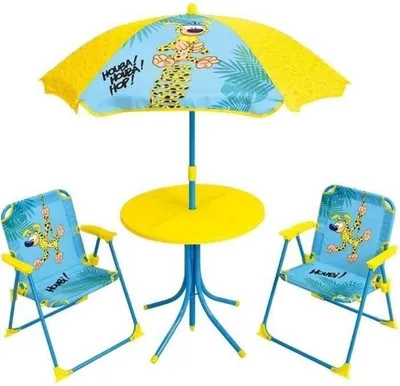 Produktbild von Kindergartenmöbel – Spielhaus – Marsupilami – Gelb – 2 Klappstühle – Sonnenschirm
