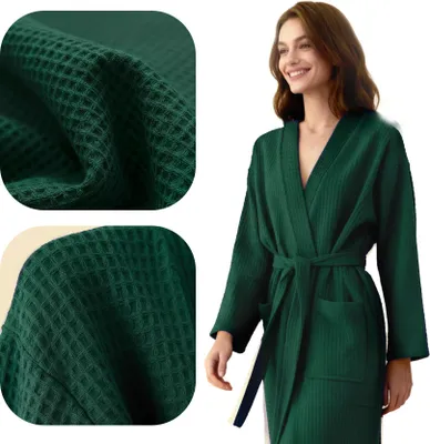 Zdjęcie produktu dla Szlafrok Bawełniany Damski Wiązany Uni Wafel Kimono Gofer Butelkowa Zieleń Xxl