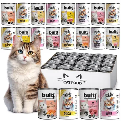 Produktbild von BULTI | Nassfutter für Katzen Pastete Mix 6 Sorten - Katzenfutter Dosen 24x400 g - Pute, Ente, Lachs, Rind, Kalb, Hühnerherzen - 65% Fleischanteil