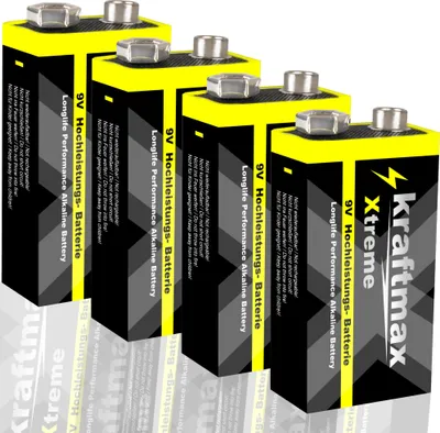 A row of four 9V batteries, presented in a product shot against a white background.