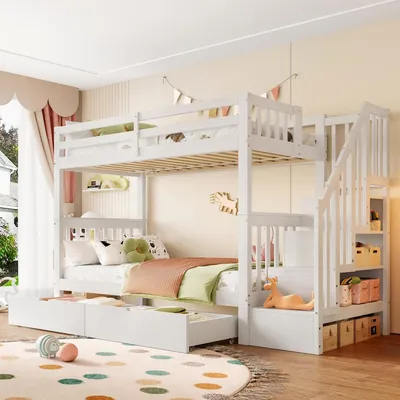 Obrázek produktu pro Postel na vyvýšení 90x200 cm, patrová postel pro 2 děti, s žebříkem a ochranou proti vypadnutí, bílá