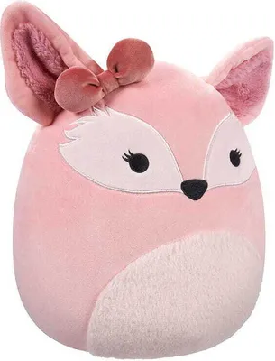 A close-up studio shot of a pink plush toy fox with a bow on its head.