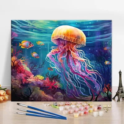Productafbeelding van Schilderen op nummer voor volwassenen - Kwallen en wilde zeedieren (40 x 50 cm) - Olieverfschilderijset voor wanddecoratie